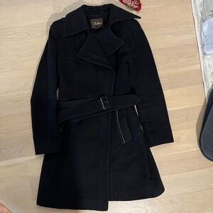 Cole Haan Black Winter Wool blend camel coat asymmetric zipper peacoat belted